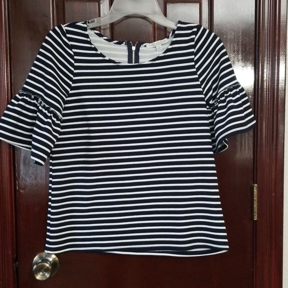 Black and White Stripe Knit Shirt Ruffled Bell Sleeve